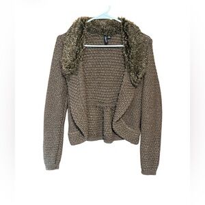 Relativity Women’s Brown Metallic Knit Cardigan Sweater Faux Fur Collar Size PL